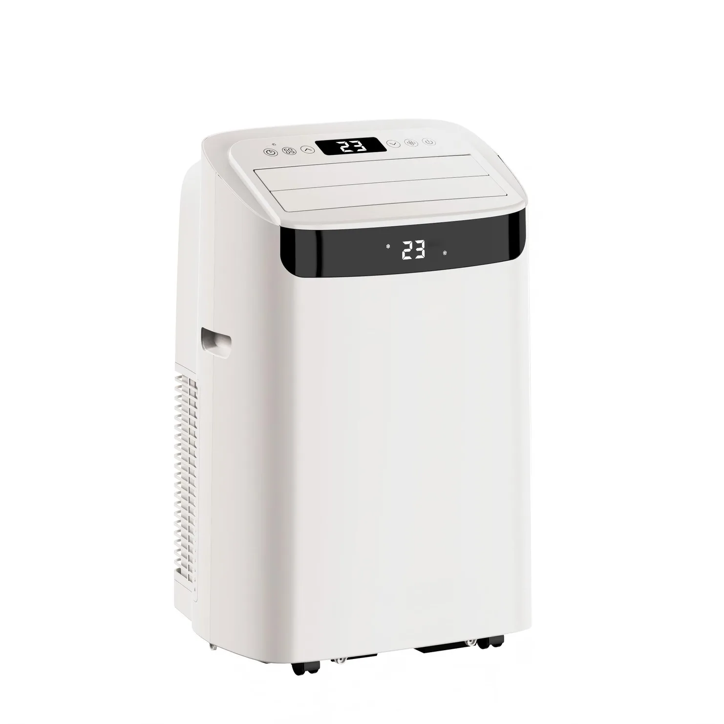 Side view of the white portable air conditioner with the louvre closed