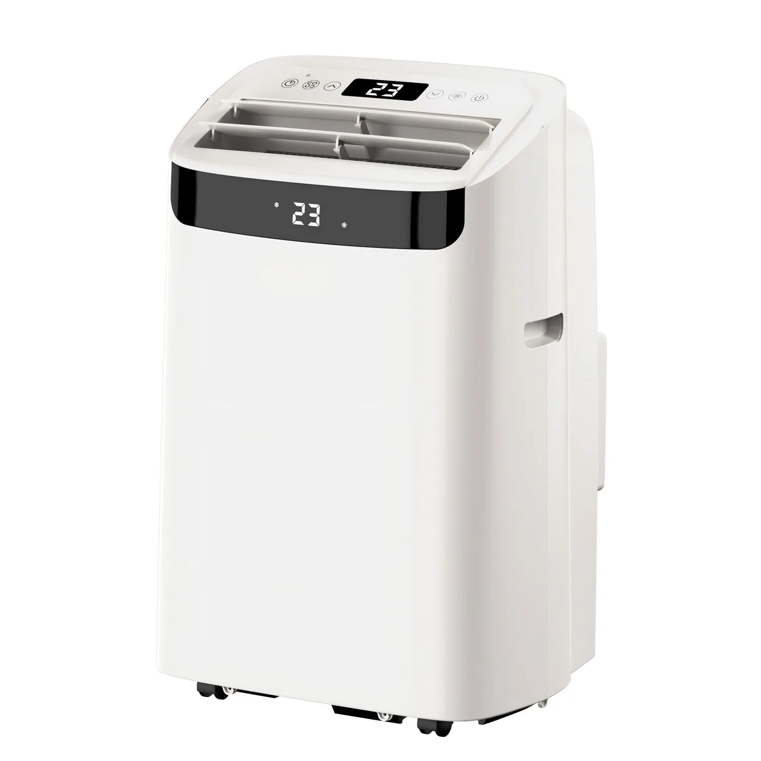 White portable air conditioner viewed at an angle with the top louvre open